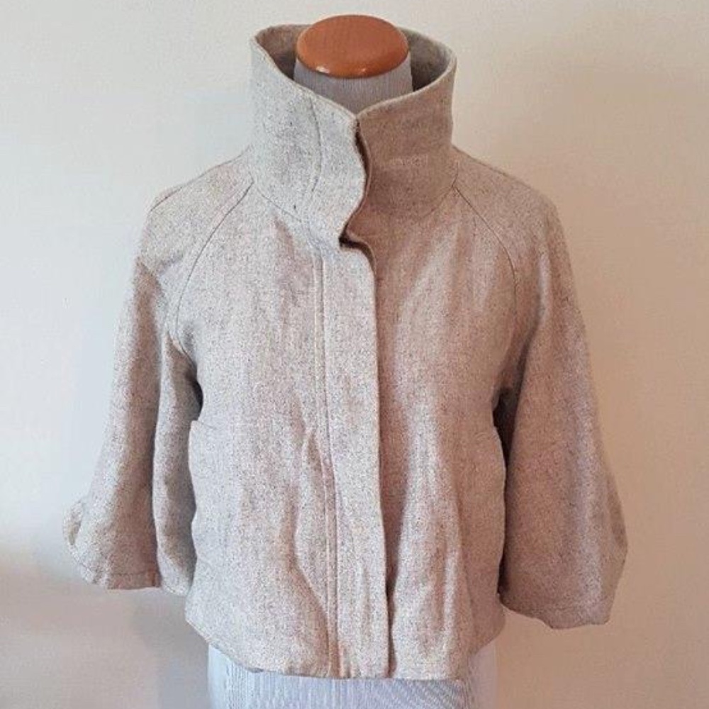 GUESS 3/4 Sleeve Cropped Wool Blend Invisible Button-Up Beige Jacket - Small